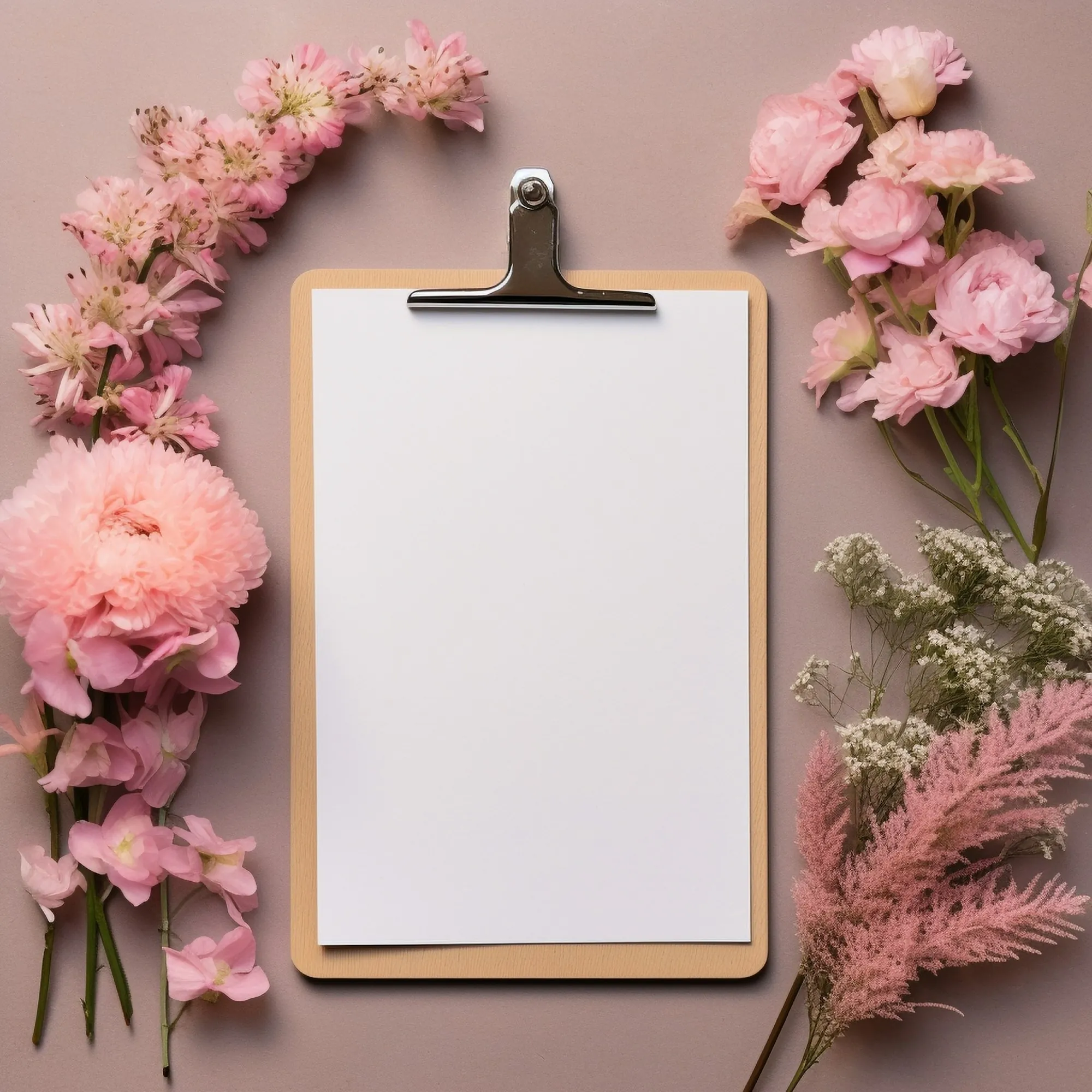 Blank clipboard surrounded by pink flowers